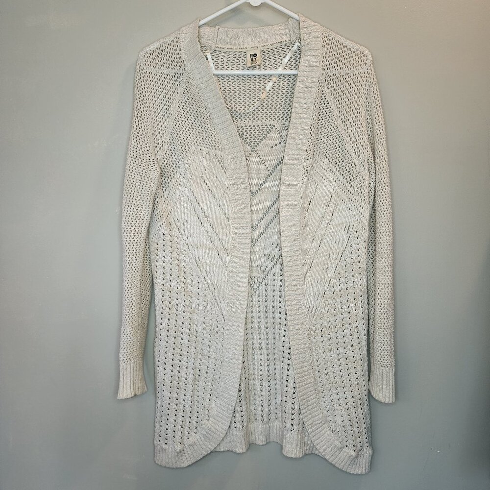 Roxy Womens Sz XS Cream Long Sleeve Crochet Knit Open Sweater Cardigan